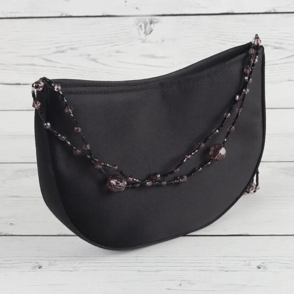 La Regale Black Satin Mini Crossbody or Clutch Bag Beaded Tassels Button Closure